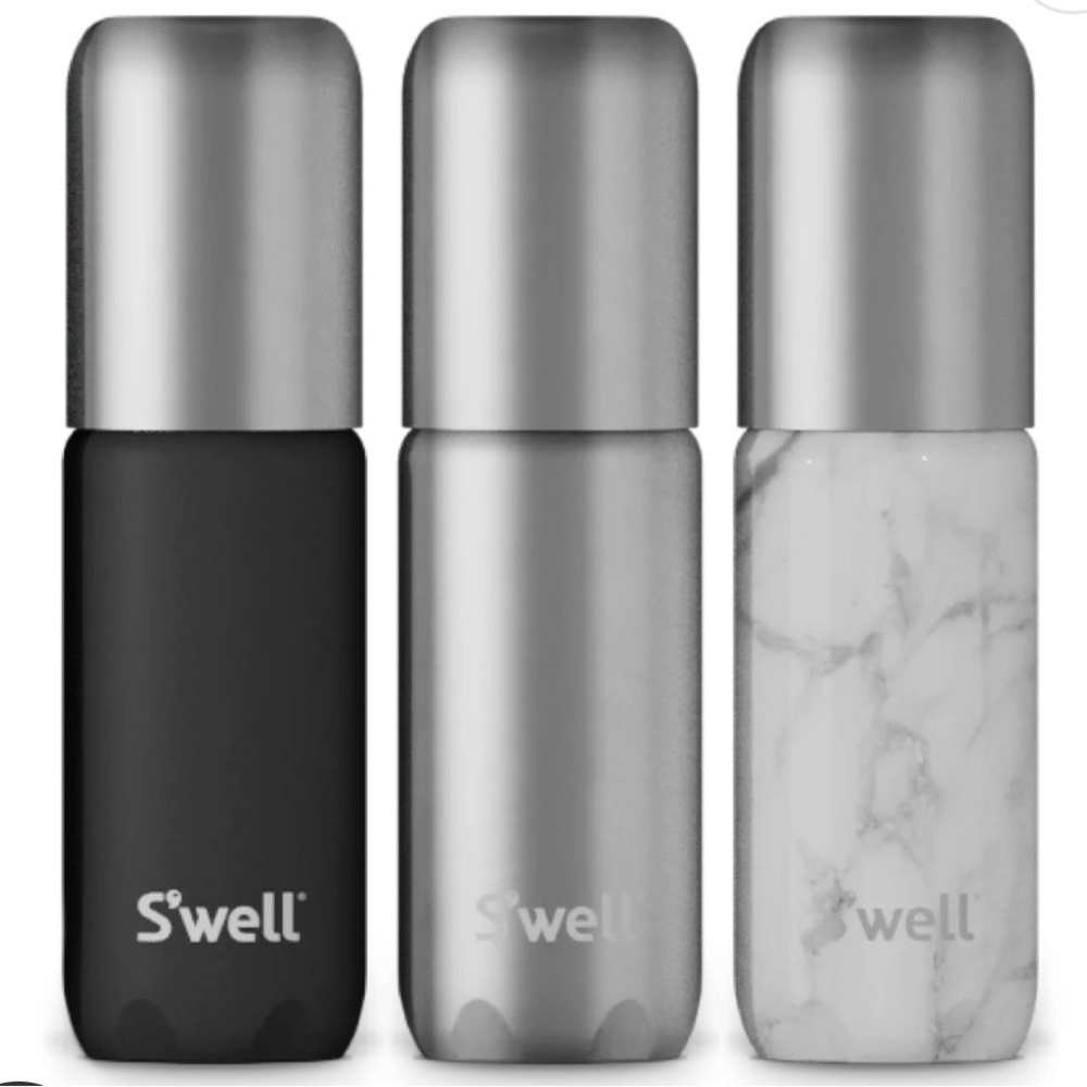 S'well Trio: Sleek Black, Shiny Silver, Marble White Skincare Bottles-NWOT
